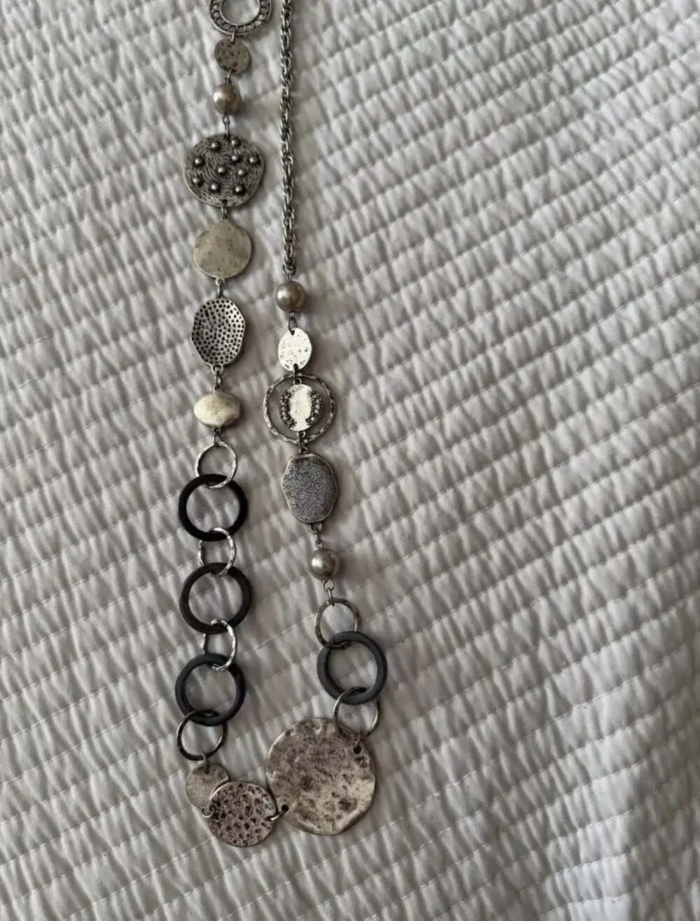 Premier Designs Mixed Texture Silver Tone Disk and Ring Statement Necklace